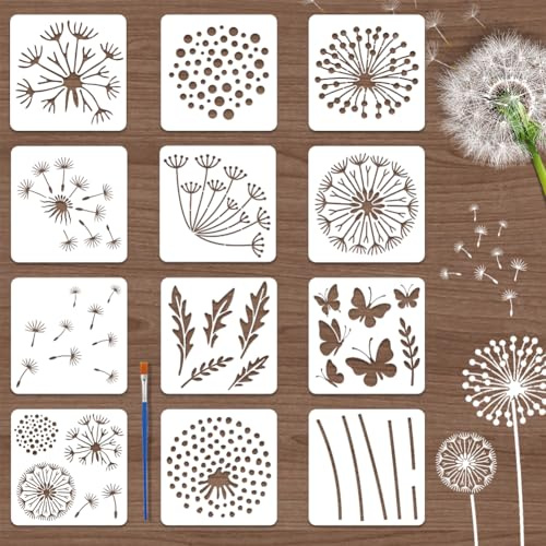 TWINKLEMON 12 Pcs Dandelion Flowers Large Stencils for Painting, 30 * 30cm Botanical Theme Stencils for Crafts Reusable with Brush, Wall Stencil Set for DIY Art Scrapbook Wood Burning Spray Paint