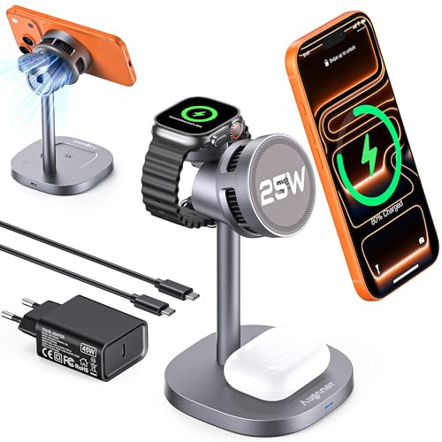 Ladestation Apple Watch und iPhone, Qi2.2 25W 3 in 1 Mag Safe Ladegerät TEC-Aktivkühlung, Magnetisches Ladestation Kompatibel mit iPhone 17 16 15 14 13 12 Pro Max/Air/Plus/Pro, für Apple Watch