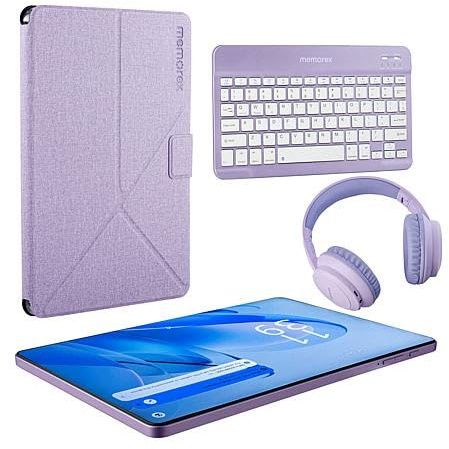 Memorex | Pacchetto tablet Android 14 da 11 pollici | MXTAB11 (V) | 128 GB di memoria | 4 GB di RAM | Display IPS FHD | Corpo in metallo | Tastiera Bluetooth | Custodia e cuffie wireless (viola)
