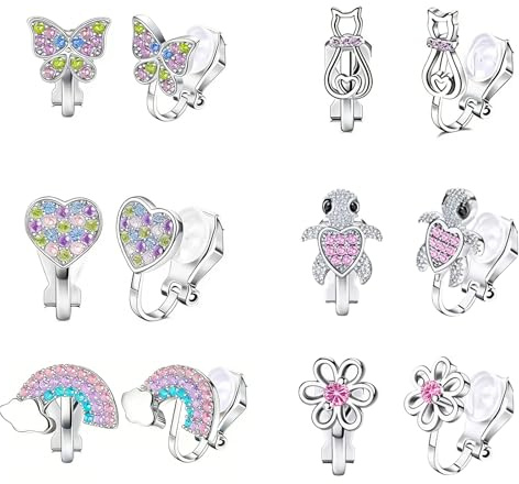 JENCVNL 6 Paar Ohrclips Kinder Mädchen Hypoallergene Süße Clip Ohrringe Kinder Ohne Ohrloch Niedlicher Bunte Zirkon klipp ohrringe Mädchen Schmetterling Blume Herz Stern Schildkröte
