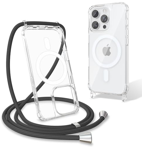 UCASONG Magnetic Clear Case with Lanyard for iPhone 16 Pro, Black | 6.3-Inch, Compatible with MagSafe, Clear Hard Back+Soft Bumper, Adjustable Crossbody Strap, Shockproof Protective Phone Cover