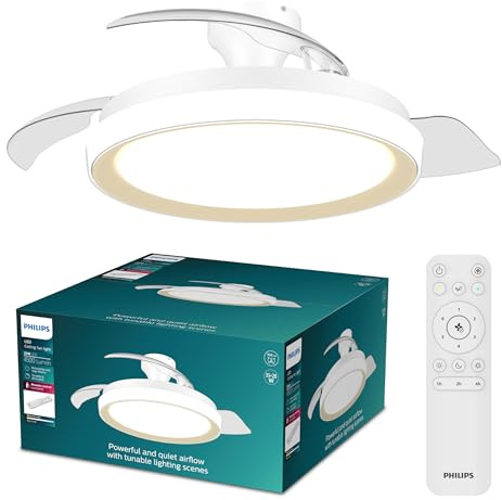 Philips Bliss Ventilatore a soffitto, 3 pale retrattili e luce LED, Oro | Luce bianca dimmerabile, Pala aperta 106 cm, 4500 lm, 3000-6500 K, Regolabile fino al 5%, Telecomando incluso