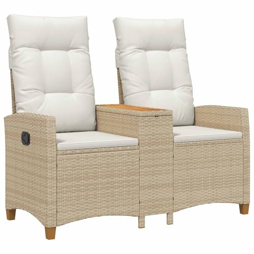 vidaXL Liegebank mit Tisch, Beige und Creme, 126 x 65 x 112 cm, verstellbarer Rattansessel, modern für den Außenbereich, bequem und mit wetterfestem Kissen