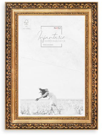 Infantasie N°52 Barock Bilderrahmen 59,4x84,1 cm Bildmaß, Gold, Massivholz | Echtholz-Profilleiste 80 mm, Acrylglas glasklar & bruchsicher, Vintage-Stil, HDF-Rückwand, Metallaufhänger, handgefertigt