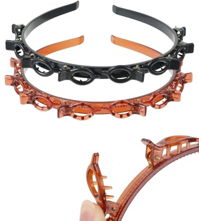 KAHZOR 2 Stück Haarreifen Mit Klammern, Haarreifen Damen, Headband, Double Bangs Hairstyle Hairpin, Haareifen Mit Clips, Zickzack Haarreif, Haarreif für Alle Haartypen und Frisuren (Schwarz, Braun)