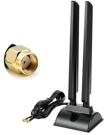 WiFi 6E - Antena de tres bandas (6 dBi, RP-SMA WLAN, base magnética con cable de 2 m, para ordenador) | Soporta frecuencias de 2,4/5/6 GHz - Recepción omnidireccional de 360° - Perfecto para placas base, routers y cámaras IP
