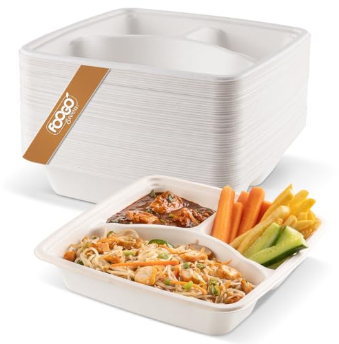 FOOGO Green 50pcs Large Disposable Plates, 23x23 cm 3 Deep Compartments | Sugarcane Bagasse Paper Trays, Divided Plates for Hot Food, Portion Control
