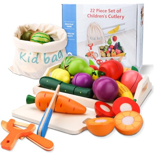 TEGOVE Kinderküche Spielküche Zubehör aus Holz,Kinderküche Zubehör,Schneiden Obst Gemüse Spielzeug Lebensmittel,Lernspielzeug Rollenspiele Pädagogisches Spielzeug Geschenk