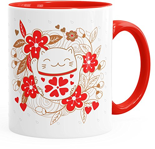 Autiga Kaffee-Tasse Glückstasse Glückskatze Winkekatze Geschenk-Tasse rot Unisize