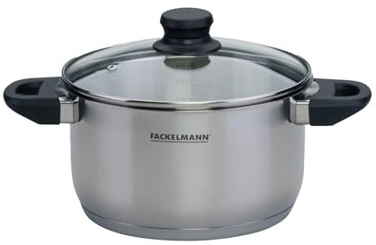 Fackelmann Geneva Olla Alta 20 X 11,5 cms, Capacidad 3,4 Litros, Cazo de Acero Inoxidable con Núcleo de Aluminio, Tapa de Vidrio, Resistente a Corrosión y Fácil de Limpiar