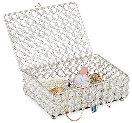 relaxdays Joyero de Cristal Glamuroso, Caja Joyas con Espejo en la Base, Metal-Vidrio, 5cm, Plateado, Hierro, 1 Ud, 7 x 19 x 14,5 cm