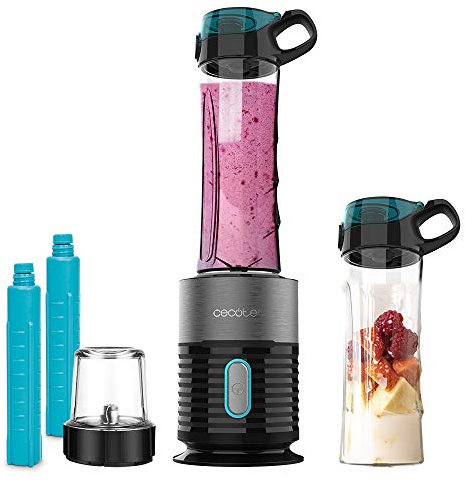 Cecotec Batidora de Vaso Individual Power Titanium 650 Fresh&Go INOX. Potencia 650 W,Cuchillas con Recubrimiento de Titanio Negro, 2 Tubos refrigeradores, 2 Vasos portátiles, Molinillo