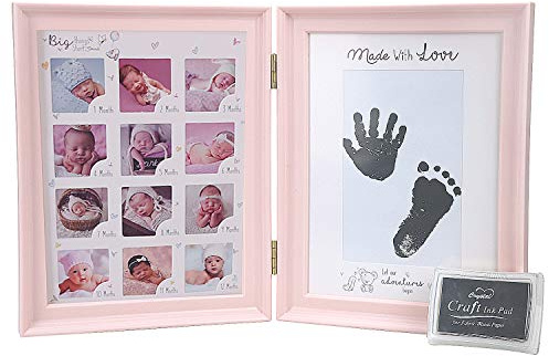 Baby Handprint Kit and Footprint Photo Frame for Newborn,Babyprints Paper & Ink Pad Memorable Keepsakes for Baby Shower Boys and Girls Gift Set,Decorations for Room Wall or Nursery Décor (Pink)