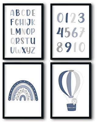 bilderreich 4er Set Poster Kinderzimmer Set Deko Bilder Babyzimmer Junge Mädchen | Kinder Bild für die Wand | ohne Rahmen | 4X DIN A4 |Alphabet Zahlen Ballon Regenbogen Blau