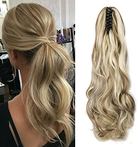 Pferdeschwanz, Haarverlängerung, Naturhaar, gewellt, lange synthetische Haare, Claw on Ponytail, Monoband (Blonde Asche & Bleach Blonde)