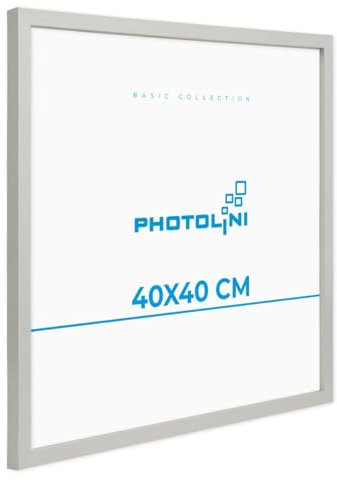 PHOTOLINI Bilderrahmen 40x40 Silber, Bilderrahmen quadratisch 40x40 Holz MDF mit bruchsicherem Acrylglas, Rahmen 40 x 40 zum Aufhängen mit Zubehör - Picture Frame für Fotos & Poster
