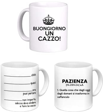 LE HERISSON Set 3 Tazze MUG LA PAZIENZA - BUONGIORNO UN CA**O - VADO A FARE LA CACCA - DIVERTENTE REGALO collega fidanzato lavoro