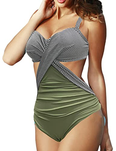 Rayson Maillot de Bain Femme 1 Pieces Monokini avec Armature Grande Taille Push Up Maillots Une Pièce Gainant Ventre Plat Élégant Swimsuit Croisé Front Froncé(Vert,XXL)