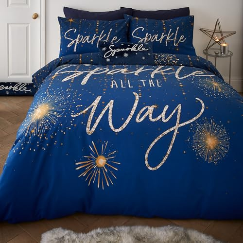 Catherine Lansfield Christmas Sparkle Reversible King Duvet Cover Set with Pillowcases, Navy Blue