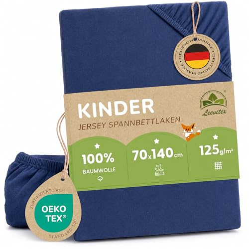 leevitex Kinder Spannbettlaken, 70x140cm, Für Babybett & Kinderbett, 1er Set, 100% hochwertige Mako-Jersey-Baumwolle, Navyblau/Dunkelblau