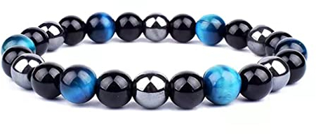 Tigerauge Armband, Tigerauge und Obsidian Magnetarmband, QUALITÄT DER KLASSE A,6/8/10MM,Sonnenschein, Selbstbewusstsein, Angstlösen (Blau(KLASSE A),8MM,7,48 Zoll)