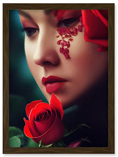 Doppelganger33 LTD Portrait Of Melancholic Woman With Red Roses Painting Artwork Framed Wall Art Print A4