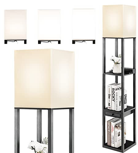RELAX4LIFE Lampadaire Étagère 160 CM, Lampadaire Salon sur Pied, 3 Luminosités, Tiroir, 2 Ports USB, Ampoule E27, Lampe sur Pied pour Salon Chambre Hôtel (Style 2)