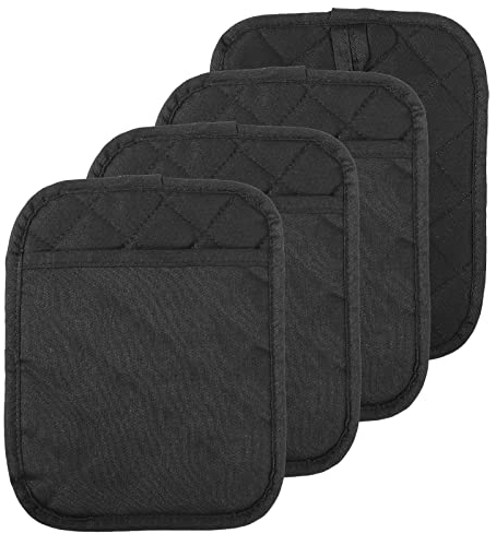 Jehdhe Lot de 4 maniques avec poche en coton résistant à la chaleur pour cuisine - 17,8 x 22,9 cm - Noir