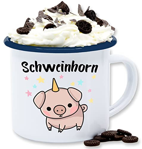 Emaille Tasse Blechtasse - Karneval & Fasching - Tassen - Schweinhorn - 300 ml - Weiß Blau - fasching- pig kaffeetasse carnevale schwein karnevals schweine faschings schweinchen verkleidet carnival