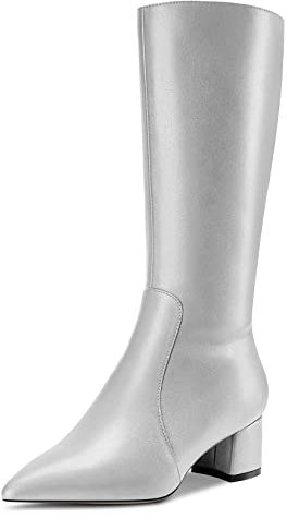 Castamere Donna Chunky Blocco Medio Tacco Heel a Punta Metà polpaccio Cerniera Stivali da Matrimonio Cute 5 CM Heels Argento 37 EU