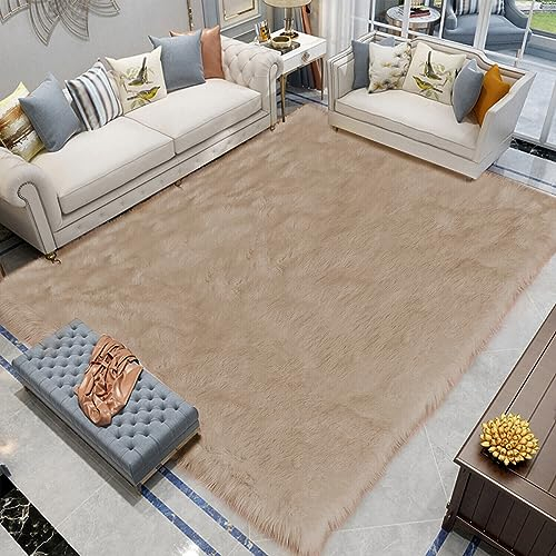 Latepis Teppich Wohnzimmer Flauschig Beige 200x300 cm Waschbarer Kunstfell Teppich Hochflor Weich Fellteppich Shaggy Rug