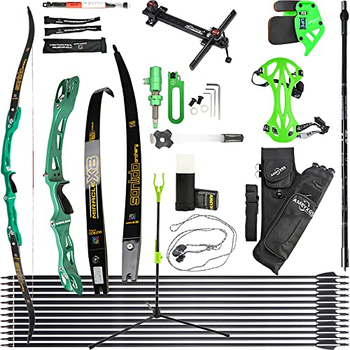 wolfman Recurvebogen Set Erwachsene 66/68/70 Zoll 14-44 lbs Bogenschießhalle Recurve Bogen Pfeil Set Praxis Bogen Wettbewerb Bogen für Bogenschießen Club Schießwettbewerb RH (Grün Set, 70/30Lbs)