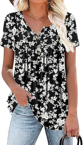POPYOUNG Women Tunic for Leggings Ladies Henley Shirts Short Sleeve Tops Summer Blouse XL, White Floral-Black