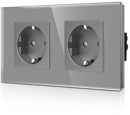 CNBINGO Glas Doppelsteckdose Unterputz in Grau - Zweifach Schuko Steckdose mit Kindersicherung - 16 Amp Schutzkontakt Wandsteckdose mit Glasrahmen