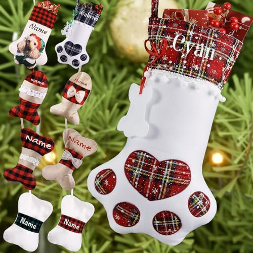 Bemaystar Personalisierter Hunde-Weihnachtsstrumpf – Büffelkarierte Hundepfoten-Weihnachtsstrümpfe, Plüsch, Jute, benutzerdefinierte Katze, Weihnachtsstrumpf, bestickte Hängesocken für