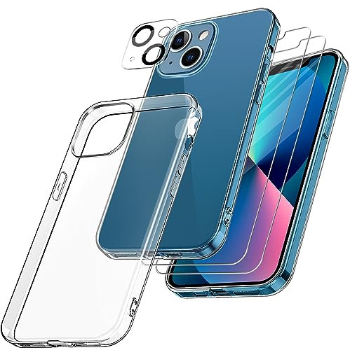 FLLAO Cover per iPhone 13 con 2 Pellicola Vetro Temperato e 1 Pellicola Protezione Fotocamera, TPU in silicone Trasparente Sottile Antiurto Anti-Graffio Custodia per iPhone 13 6.1
