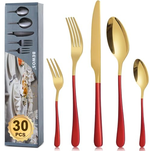 BEWOS 30 Stück Gold und Rot Besteck Set für 6 Personen, Lebensmittelq`ualität Edelstahl Besteckset enthalten Steakmesser, Kaffeelöffel und Kuchengabeln, Spülmaschinenfest, Upgraded buntes Design