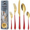 BEWOS 30 Stück Gold und Rot Besteck Set für 6 Personen, Lebensmittelq`ualität Edelstahl Besteckset enthalten Steakmesser, Kaffeelöffel und Kuchengabeln, Spülmaschinenfest, Upgraded buntes Design