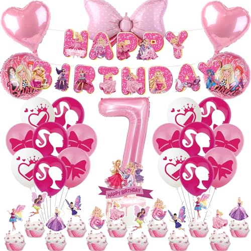 Prinzessin Deko Set für Mädchen 7 Jahre - 41 Stück Barbi Geburtstag Thema Mit Luftballon Rosa, Tortendeko, Happy Birthday Banner - Party Dekoration