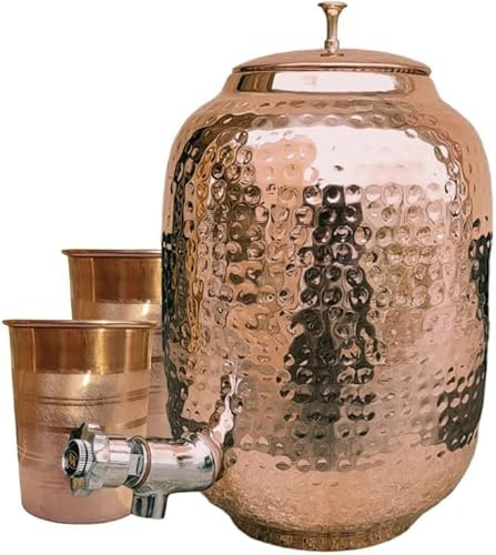 Fashnkart Handmade Hand Hammered Pure Copper Water Dispenser Pot with 2 Silver Touch Glass Ayurveda Healing Water Storage Tank 16 Liter