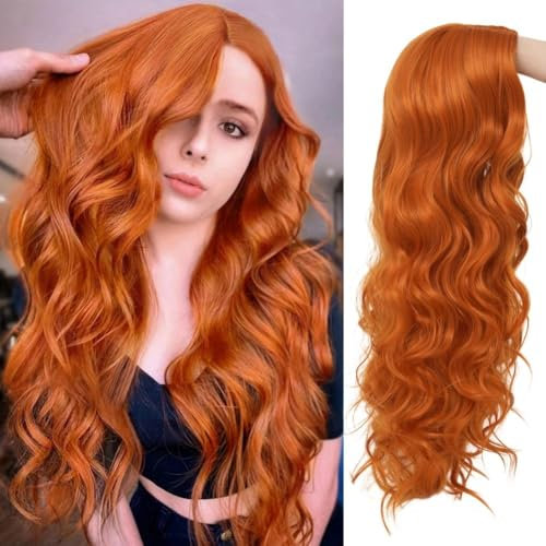 Salaibs Orange Lange Lockige Wellige Perücken für Frauen Mittelteil Kupfer Rote Haar Perücke Synthetische Hitzebeständige Faserperücke für Cosplay Halloween Gebrauch