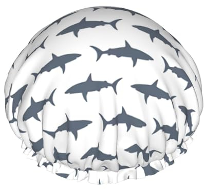 Duschhaube mit Fisch- und Hai-Motiv, Schlummertrunk, doppellagig, wasserdicht, elastische Badehaube, wiederverwendbare Bade-Haarhaube