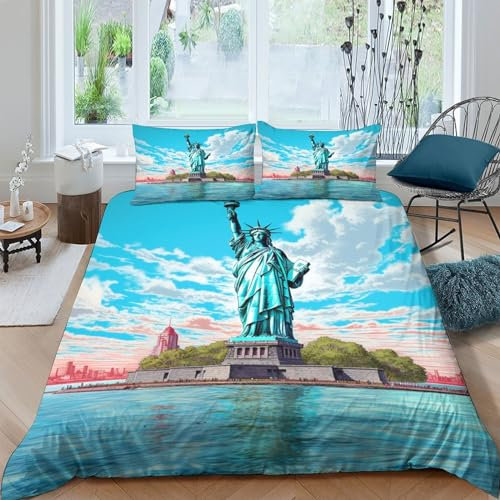 NAHCBIOT Statue of Liberty Bettwäsche Set 3D Bettwäsche Set 3 Teilig New York Landmark Mikrofaser Bettbezug Mit Reißverschluss Und Kissenbezug Weich Haltbar Atmungsaktive King(220x240cm)