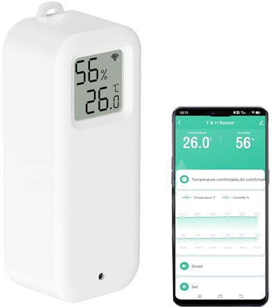 PHOVOLT WLAN-Thermometer-Hygrometer-Sensor mit Digitalanzeige, kabelloser intelligenter Temperatur- und Feuchtigkeitsmonitor mit Benachrichtigungsalarm per Remote-App für Zuhause, Gewächshaus (1pack)