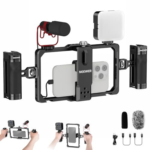 NEEWER Kit di Illuminazione Rig Video Stabilizzatore Gabbia Telefono Universale con Maniglia Laterale, Luce Video LED RGB, Microfono USB C Compatibile con iPhone 16 Pro Max 15 Pro Max S24 Ultra,PA009E