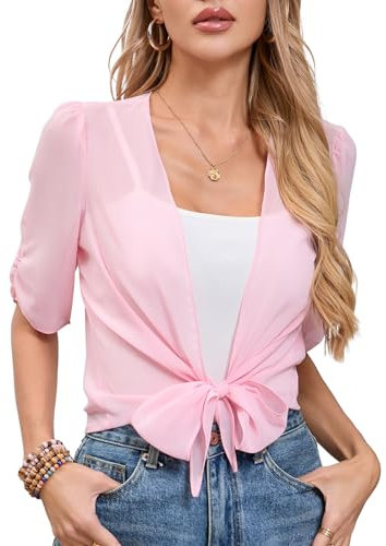 Hobrounn Bolero de gasa festivo para mujer, manga 3/4, bolero para vestido, elegante, bolero, verano, cárdigan corto, Rosa., M