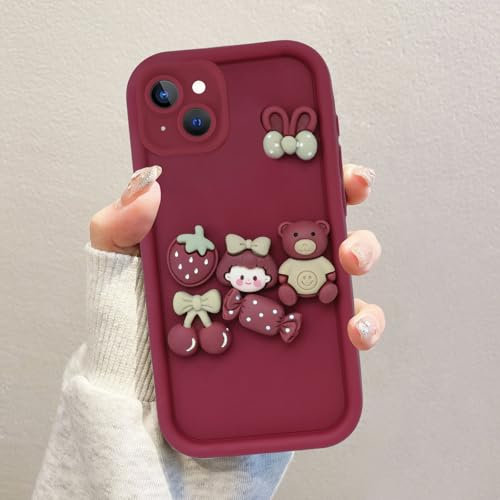Kueqeay Custodia per iPhone 15 6,1'', Cellulare Rosso Silicone Morbido Cover per telefono Aesthetic Modello Orsetto di peluche 3D Disegni Protezione Fotocamera Antiurto Case, 01