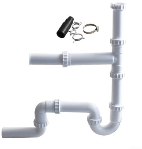 Hasaller Bowl Sink Waste Kit Double Sink Drain Pipe Kit G112 PP Double Sink Waste Drain Pipe Kit Double Bowl P Trap Kit with Washing Machine Waste Splitter