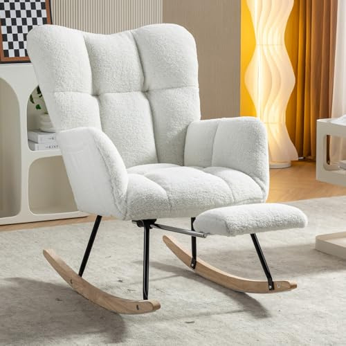 KOMHTOM Fauteuil à Bascule Moderne, Rocking Chair Interieur en Tissu Teddy, Fauteuil Relax, avec Repose-Pieds Escamotable, Poche de Rangement Latérale (Beige)