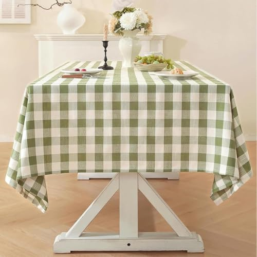 Laolitou Gingham Table Cloth Rectangular 140x220cm Washable Cotton Linen Fabric Tablecloth Buffalo Plaid Checkered Table Cover For Kitchen Dinning Tabletop Decoration (Green, 6-8 Seats)
